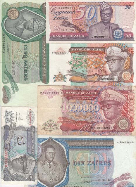 Zaire Set of 6 All Different Varieties of Banque Du Zaire Banknote