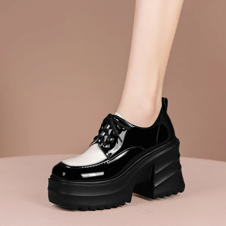 Womens Round Toe Patent Leather Block Heels Shoes Lace Up Casual Platform Shoes