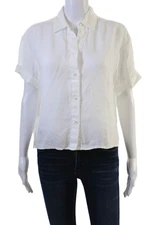 AYR Women Basic Button-Up Collared Linen Short Sleeve White Top Size S