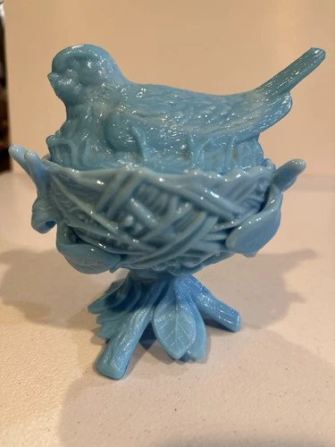 VTG Westmoreland Robin's Egg Blue Milkglass Robin on Nest Candy Dish READ