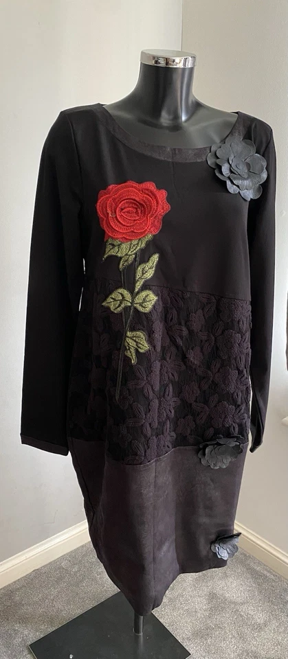 Save The Queen Black Rose Appliqué Dress Italian Lace Panel -XL -  Dress - Image 1 of 4