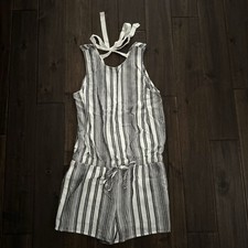 Black and White Striped Shorts Romper with Ribbon Tie Neck S
