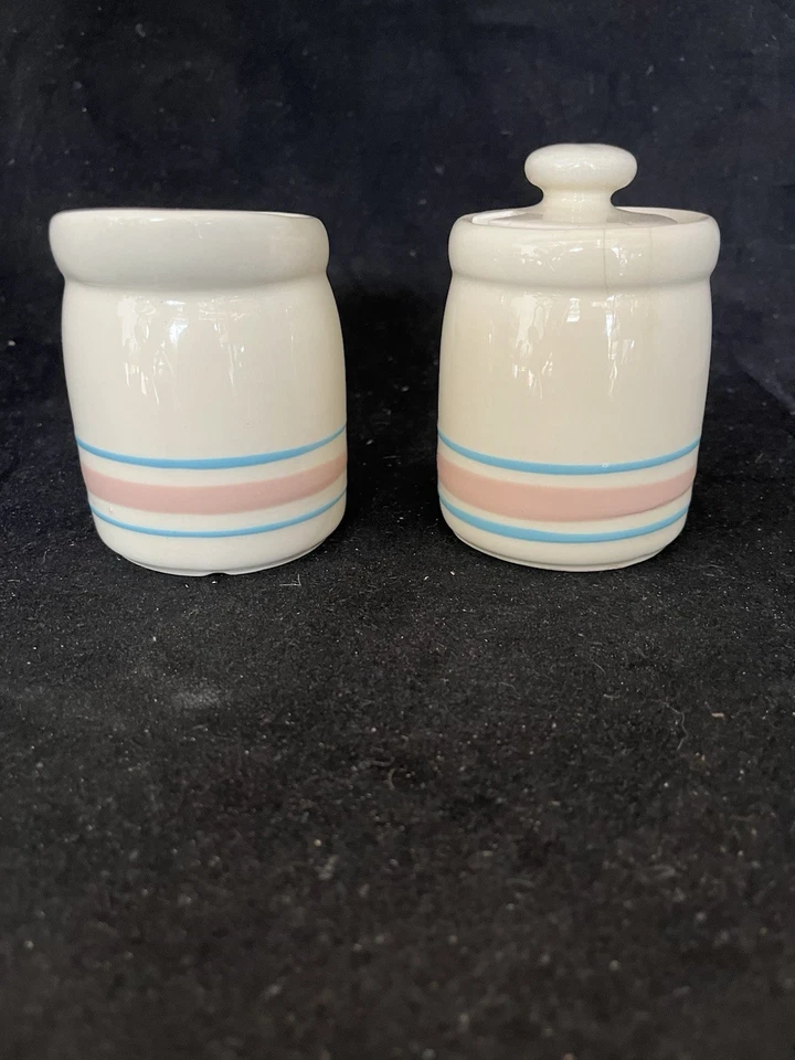 McCoy #1414 USA Pottery Pink/Blue Stripe Creamer Pitcher And Lidded Sugar USA - Image 4 of 4
