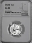 1952-D  25C WASHINGTON SILVER QUARTER "DENVER MINT" NGC MS65 #8343474-074