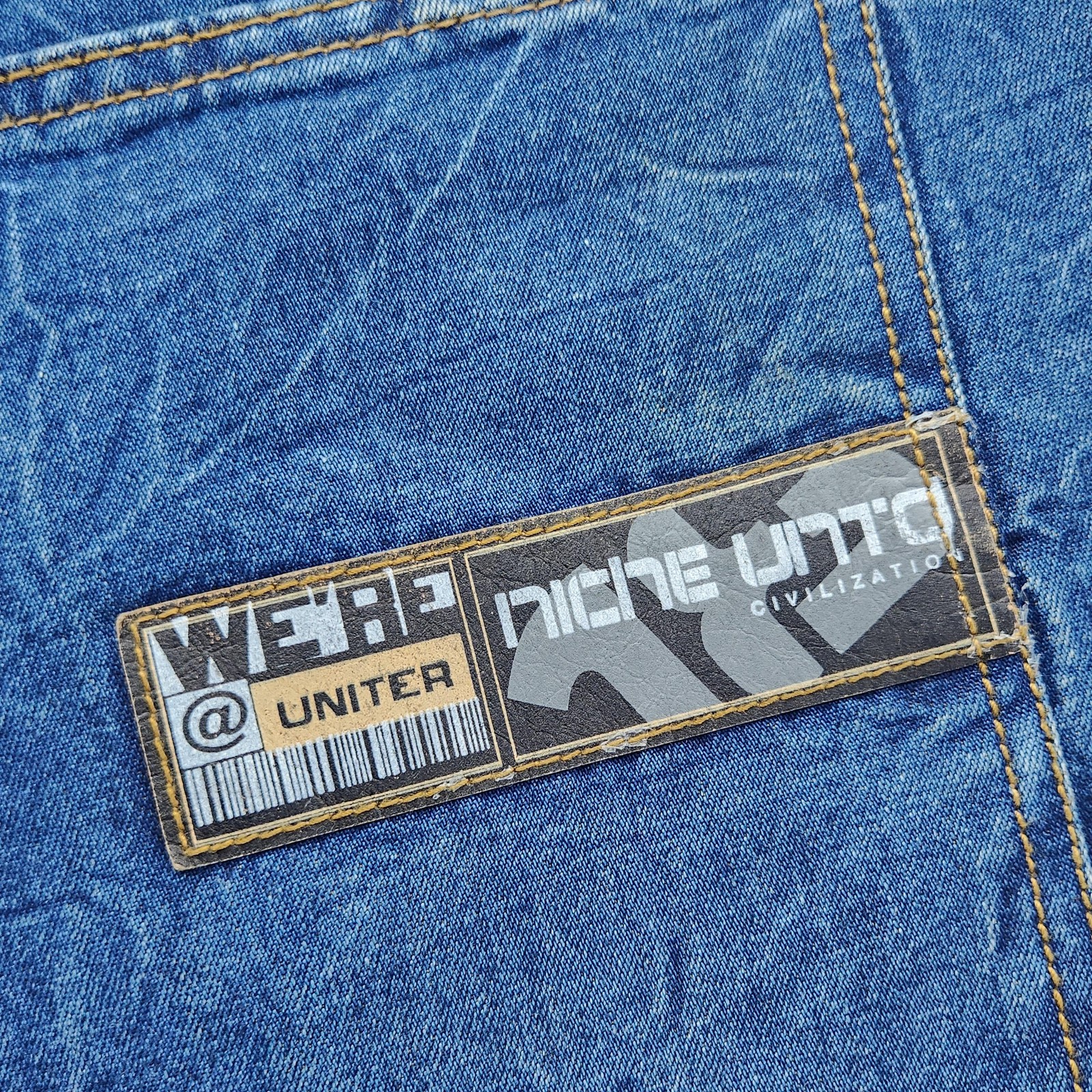 Niche United Jeans Mens 40 Distressed Denim Workwear Patch Straight Leg Pants