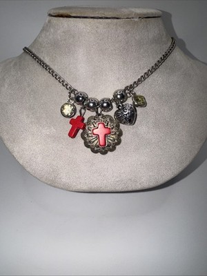 Silverstone Real Stone Red Cross And Heart Charm Necklace