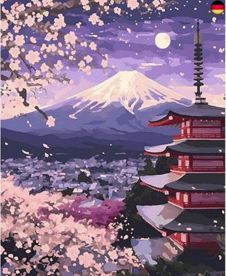 NEWENMO Mount Fuji und Tempel Malen Nach Zahlen Erwachsene Set,Kirschblüten