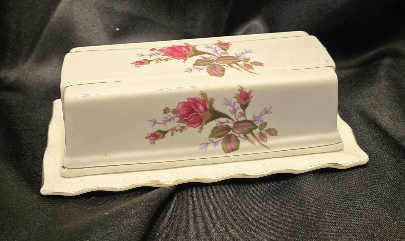 Porcelain Butter Dish Roses Vintage Japan 1950's Gold Trim Mint
