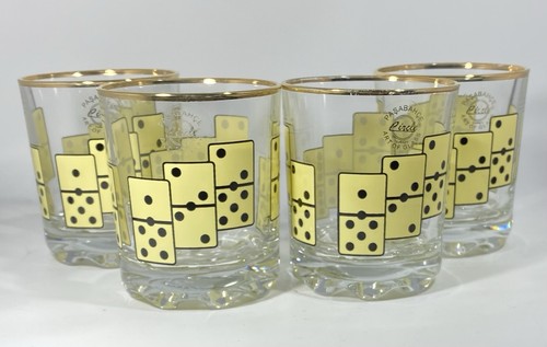 Domino Rocks Glass Retro Barware Set of 4 Gold Rimmed Stylish Cups - Picture 2 of 9