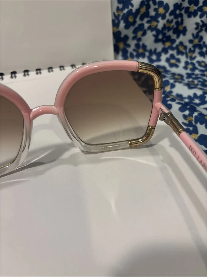 Ted Lapidus Fantastic Oversized Sunglasses Pink with Gold Corners Trim VTG - Image 4 of 4