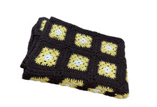 Vintage Handmade Granny Square Quilt Throw Blanket Brown Yellow Crochet Knit 70s