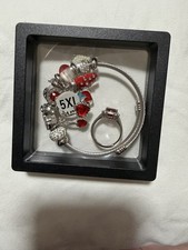 Silver Tone Snake Chain Charm Bracelet w/ Red...