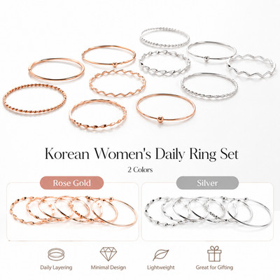 Popo Jenny Korean Women's Daily Layered Ring Set - 20 Styles