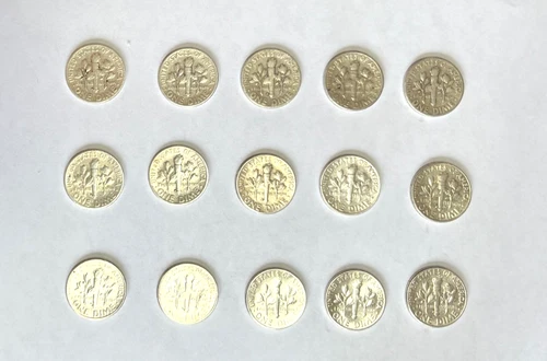 Lot of 15 Very Nice Roosevelt Dimes, 90% Silver Content, VF/AU, Good Luster