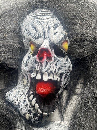 Halloween Skull Mask Attached Wild Hair & Open Mouth W/ Red Tongue Costume. B2 - Picture 2 of 4