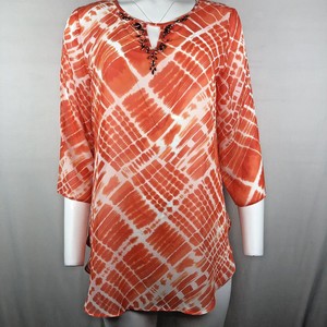 Susan-Graver-Women-039-s-sheer-Tunic-top-Blouse-Size-10-Orange-white-3-4-Sleeve