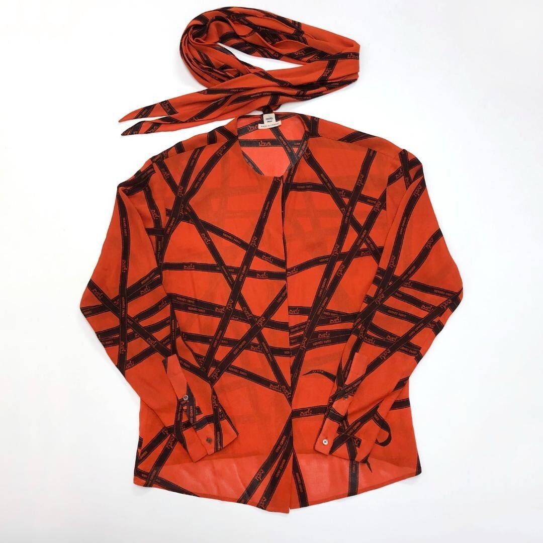 HERMES Long Sleeve Shirt Blouse Silk Bowtie Women Size 38