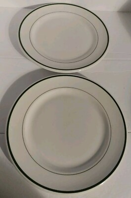 Pair Of Walker China Diner Restaurant Ware Plates 9'' Diameter Green Stripes Nice