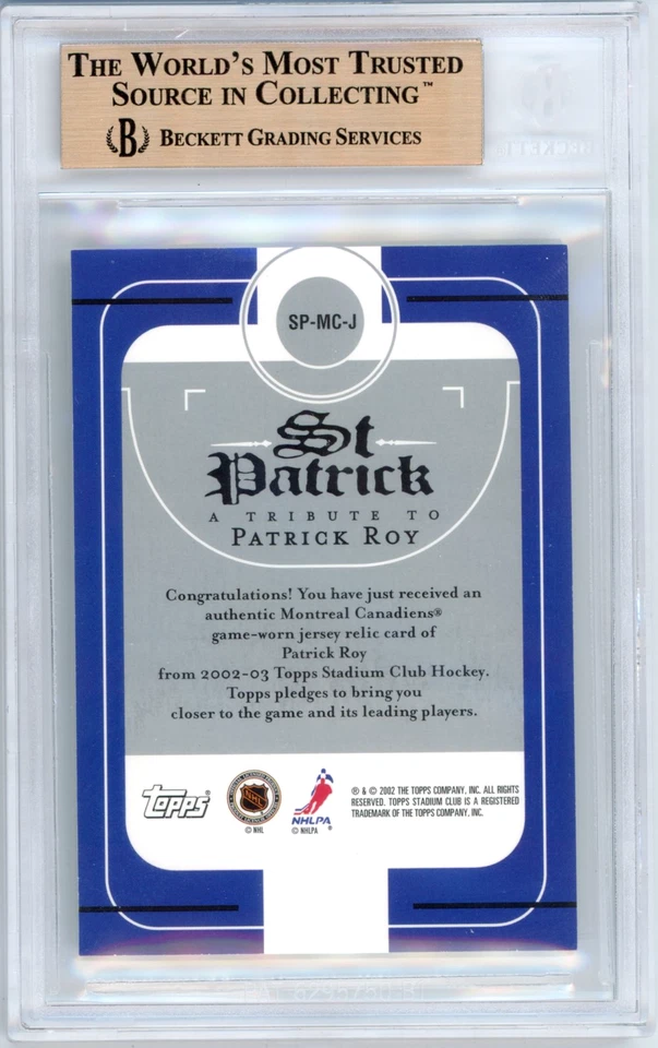 POP 1 Patrick Roy BGS 9.5: 2002-03 Stadium Club St. Patrick Relics Game Used JSY - Image 2 of 3