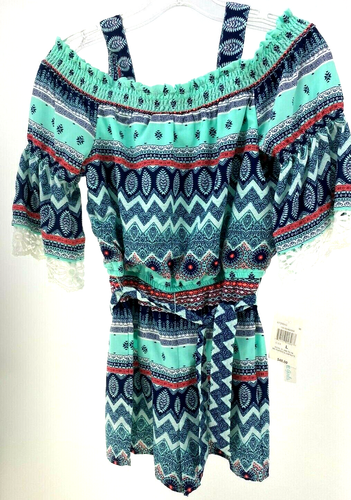 Romper Girls Large Jumper Blue Cold Shoulder Elastic Waist Short My Michelle NWT - Picture 5 of 9