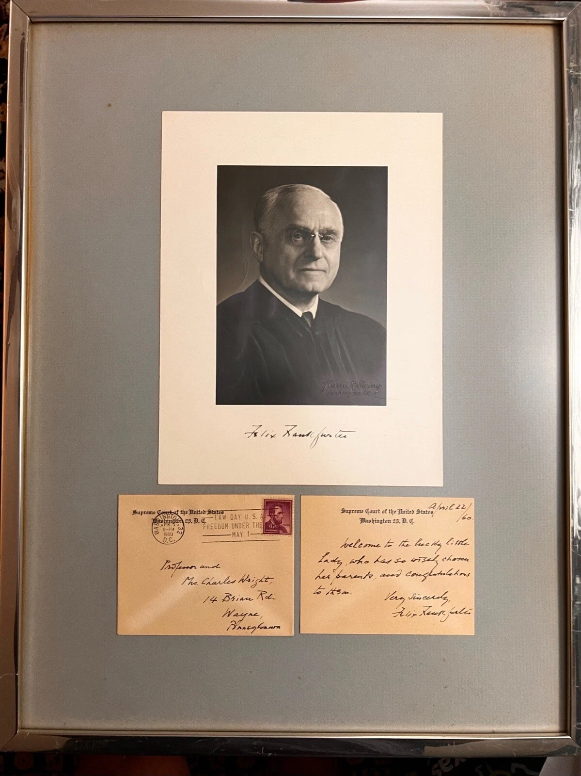 Photographie signée du juge Felix Frankfurter et lettre à Charles Alan Wright