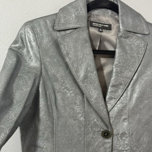 Vintage Leder Blazer Jacke Damen S Strukturiert Steampunk Mantel Gunmetal Silber Y2K - Bild 3 von 24