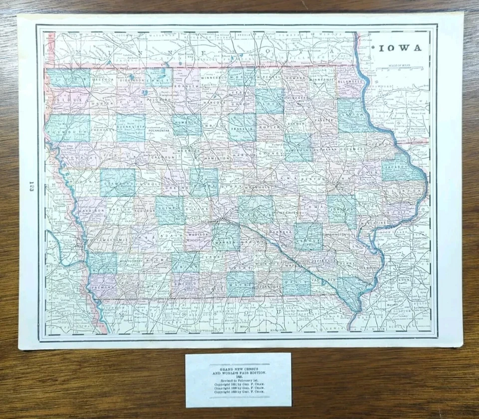 Mapa IOWA 1893 de colección 14"x11" antiguo original AMES DES MOINES DAVENPORT IA Foto 2 de 4