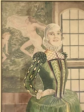 Rare 1931 Original Art Deco Signed Watercolor Lady In Elizabethan Fashion