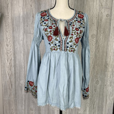 Miss Me Women's Small Blue BOHO Embroidered Tunic Mini Dress Long Sleeve