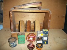 vintage shoe shine stand foot rest wood polishes brushes huberds shoe grease