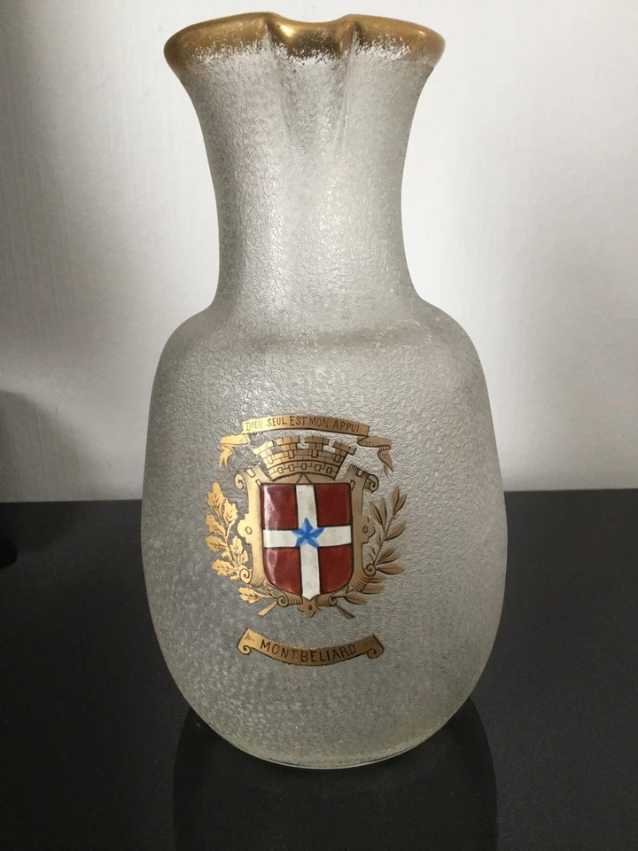 DAUM LEGRAS Pichet Broc Ancien Emaillé Blason Montbéliard Fond Granité Enamel - Photo 4/4