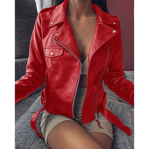 Ladies Faux PU Leather Zip Formal Coat Womens Motorcycle Jacket Slim Plus Size - Picture 13 of 19