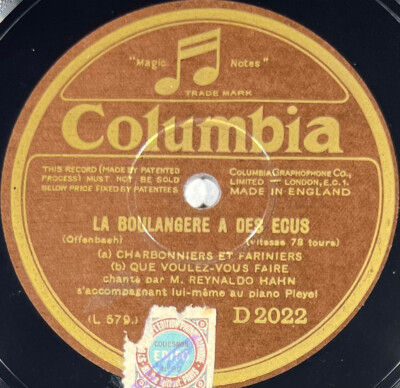 Reynaldo Hahn: Die Bäckerei hat Taler Scheibe 78 Umdrehungen rpm COLUMBIA D 2022