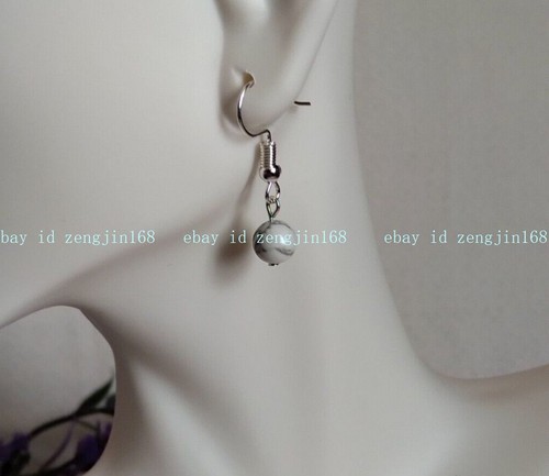 8mm White Howlite Beads Drop Earrings Natural Stone Tone Hook Gemstone Simple - Picture 8 of 12