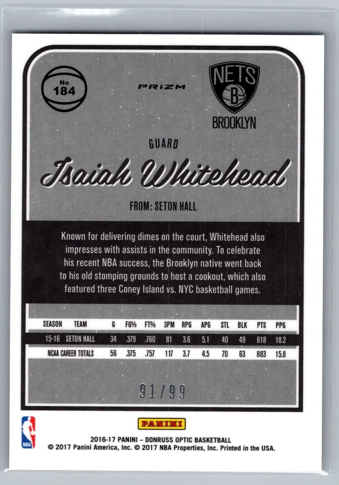 2016-17 Panini Donruss Optic Red Prizm /99 SP Isaiah Whitehead #184 Rookie RC - Image 2 of 2