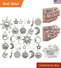 Celestial 100g Charms Set: 80 Antique Silver Sun, Moon, Stars for DIY Crafts