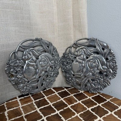 Vintage Arthur Court Peltrina Rabbit Floral Aluminum Trivets Set of 2 Argentina