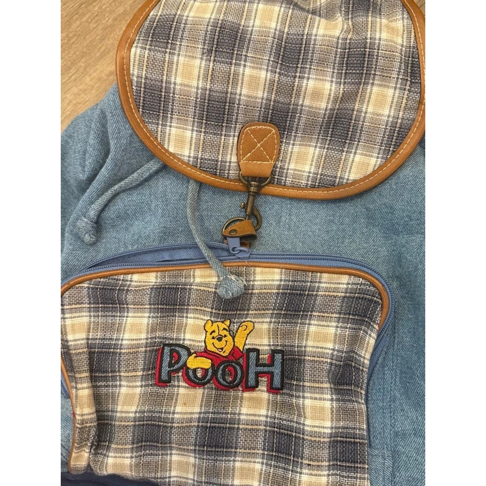 Mochila vaquera vintage Winnie The Pooh azul claro a cuadros con cordón detalles Foto 2 de 4