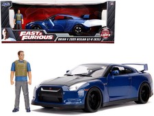 2009 Nissan GT-R (R35) Blue Metallic and Carbon with Lights and Brian Figurine "