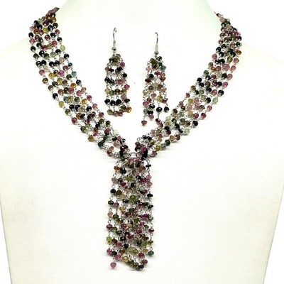 Selene Gems Natürlich Turmalin Perlenkette Set 925 Silber Anhänger & Ohrringe