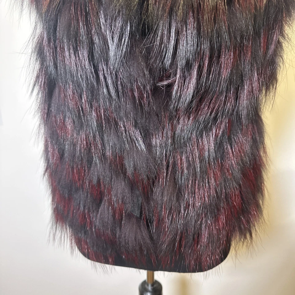 Halston Heritage Finland Silver Fox Fur Vest Size XS Suede Trim Burgundy Black - Image 4 of 4