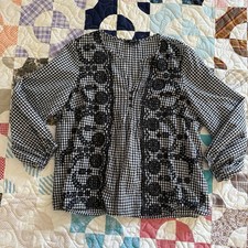 J. Crew Women's Gingham Popover Top Embroidered Plaid Checkered Black White