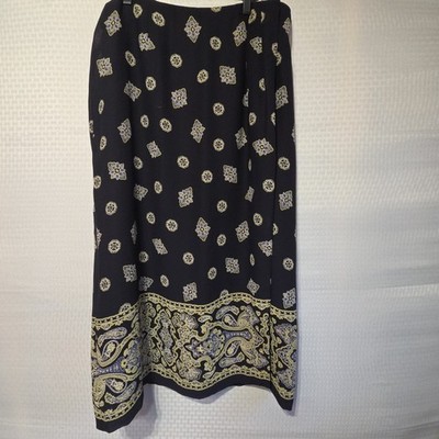 Chaus Woman Faux Wrap Midi Skirt 16 Black Gold Blue Paisley Print Lined