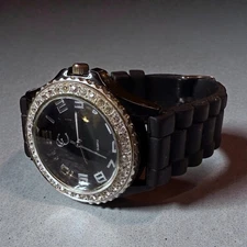 Charming Charlie Rhinestone Encrusted Bezel Black Rubber Strap Watch WORKS 