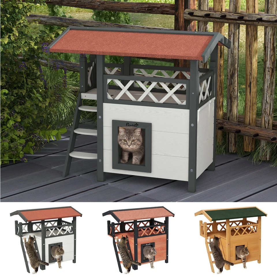PawHut Outdoor Cat House w/ Balcony Stairs Roof