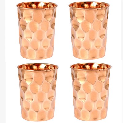 Pure Copper Tumblers Water Glass Diamond Cut Ayurvedic Health Benefits Set Of 4