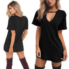 Womens V-neck Mini Dress T-shirt Dress Short Sleeve Casual Boho Beach Sundress