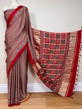 Red Azrakh Modal Silk Indian Pakistani Saree with Gharchola pallu Zari border