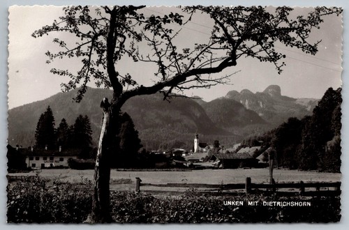 Unken Österreich RPPC Dietrichshorn Bergblick Kirche Gasthof Post um 1950