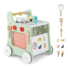 6 in 1 Wooden Baby Walker, Toddler Pretend Play Kitchen Playset, Push and Pul...